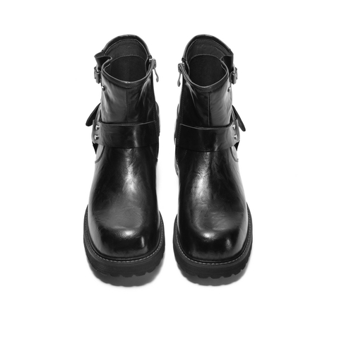 百丽厚底增高西部靴男士2023冬季新款复古饰扣机车靴筒靴A1302DZ3