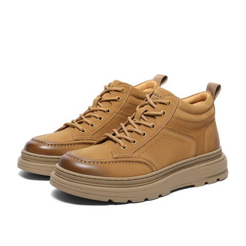 百丽复古擦色休闲鞋男2023冬新牛皮革厚底高帮板鞋加绒A1332DD3