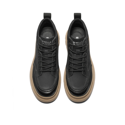 百丽复古擦色休闲鞋男2023冬新牛皮革厚底高帮板鞋加绒A1332DD3