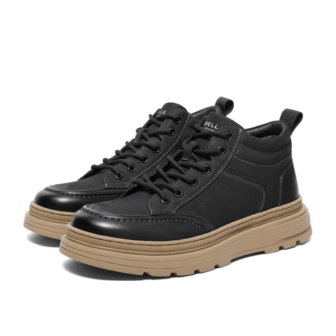 百丽复古擦色休闲鞋男2023冬新牛皮革厚底高帮板鞋加绒A1332DD3