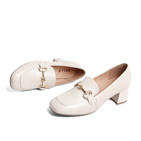 百丽舒适乐福鞋女2023春新羊皮革简约百搭通勤高跟单鞋B0963AA3