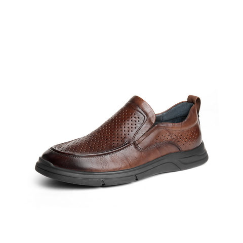 百丽打孔透气休闲鞋男鞋2023夏牛皮革舒适一脚蹬商务皮鞋A1337BM3