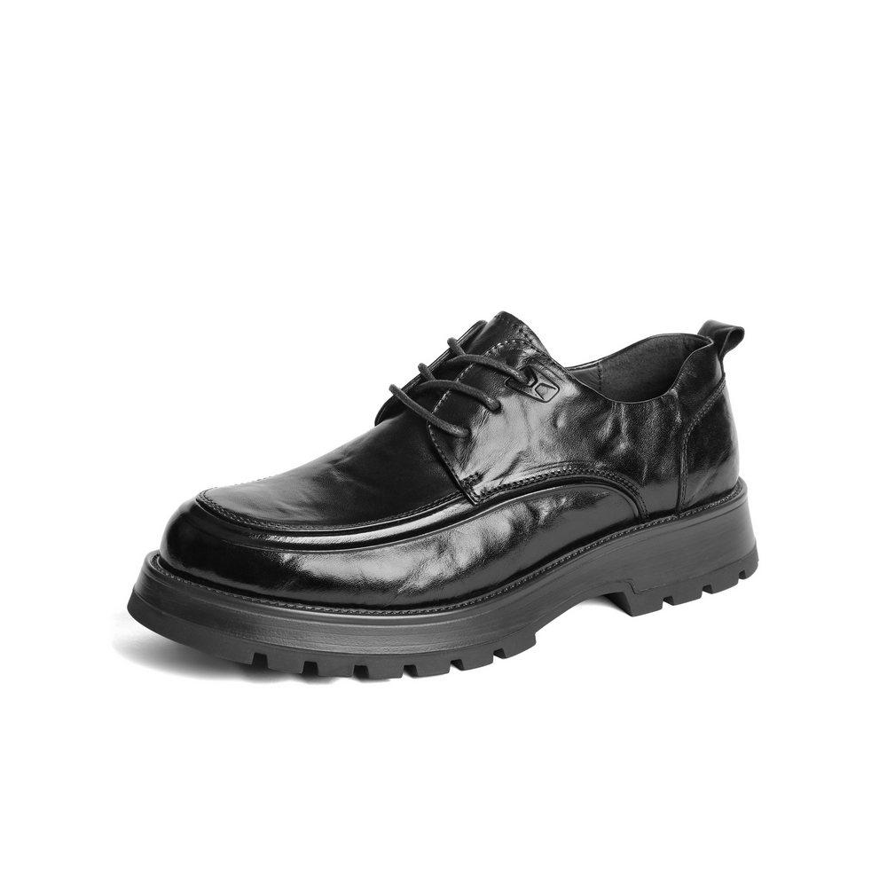 百丽褶皱商务鞋男2024春季新牛皮革厚底正装系带皮鞋加绒A1422AM4