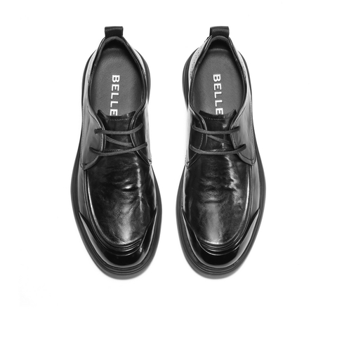 百丽通勤商务鞋男2024春新牛皮革褶皱系带爸爸鞋休闲皮鞋A1495AM4