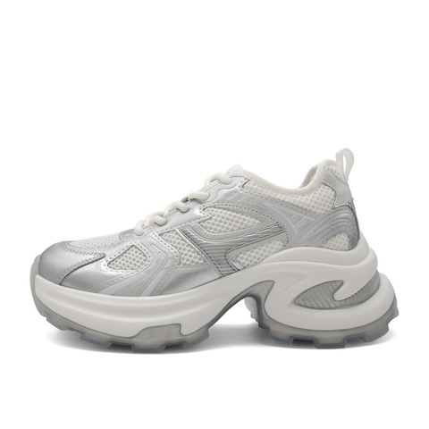 百丽银色潮流老爹鞋女2024秋舒适厚底透气网面鞋B2037CQ4