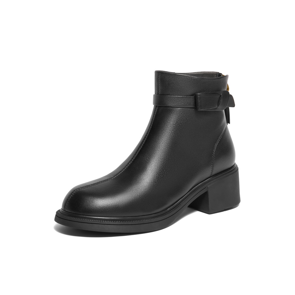 百丽粗跟短筒时装靴女2024冬新商场同款真皮时尚舒适短靴B8L1DDD4