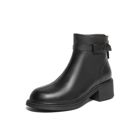 百丽粗跟短筒时装靴女2024冬新商场同款真皮时尚舒适短靴B8L1DDD4