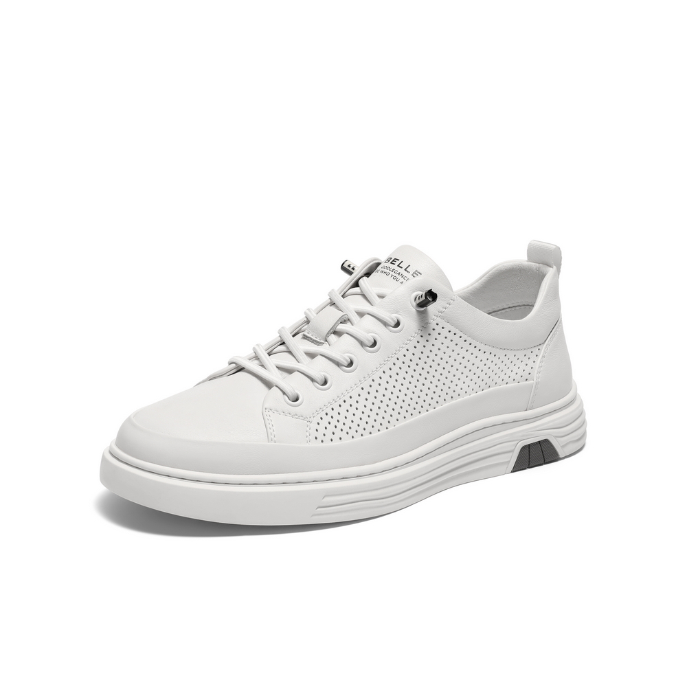 百丽青春减龄小白鞋男款2024夏新牛皮革打孔透气休闲板鞋A0912BM4