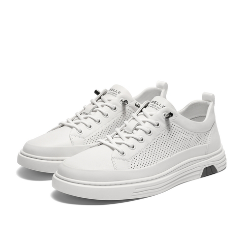 百丽青春减龄小白鞋男款2024夏新牛皮革打孔透气休闲板鞋A0912BM4