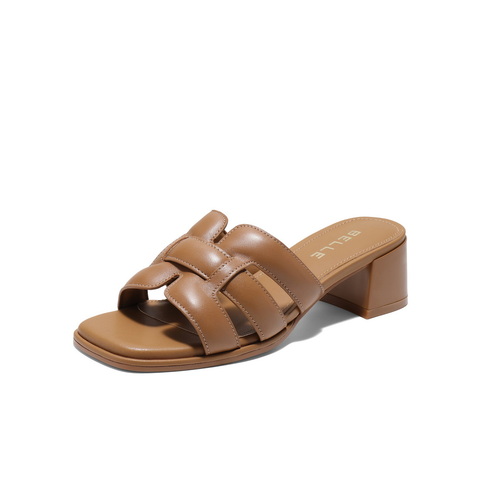 百丽度假风一字拖鞋女2025夏新商场同款真皮编织高跟拖鞋D6U1DBT5