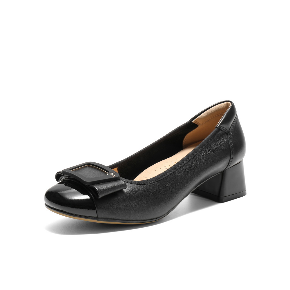 百丽舒适优雅单鞋女2025春新真皮蝴蝶结方跟鞋D3S1DAQ5