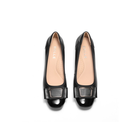 百丽舒适优雅单鞋女2025春新真皮蝴蝶结方跟鞋D3S1DAQ5