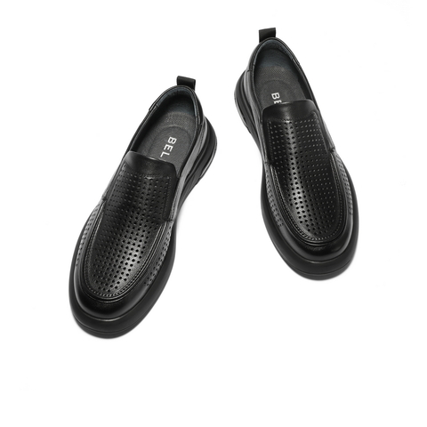 百丽打孔透气商务鞋男2025夏新牛皮革厚底一脚蹬休闲皮鞋A1937BM5