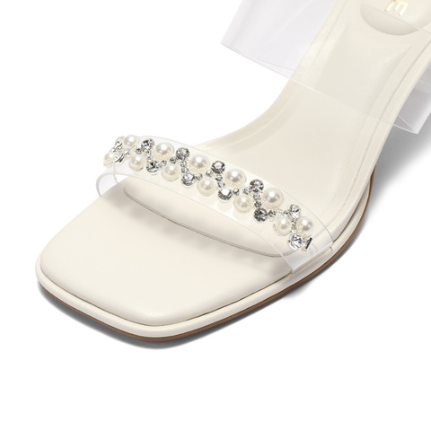 百丽优雅一字拖鞋女2025夏新商场同款珍珠一字带拖鞋D8E1DBT5