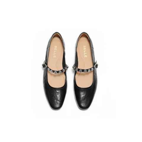 百丽复古褶皱皮玛丽珍鞋女2025秋新商场同款真皮软底单鞋D9V1DCQ5