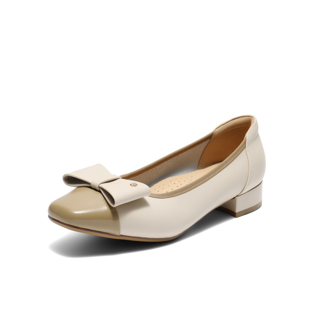 百丽撞色气质单鞋女2025秋新商场同款真皮小方头浅口单鞋E1B1DCQ5