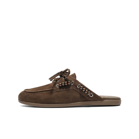 百丽复古绒面穆勒鞋女2025秋新商场同款真皮串珠包头拖鞋D9Y1DCH5