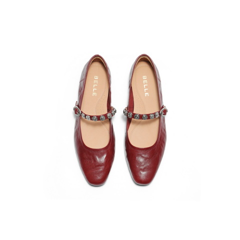 百丽复古褶皱皮玛丽珍鞋女2025秋新商场同款真皮软底单鞋D9V1DCQ5