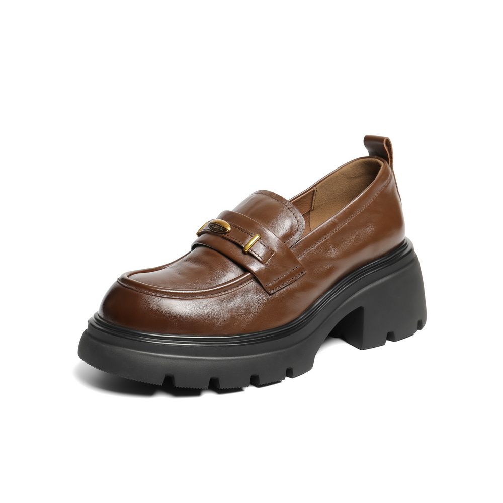 百丽复古抓皱乐福鞋女2025秋新商场同款真皮粗跟jk乐福鞋E1Y1DCA5