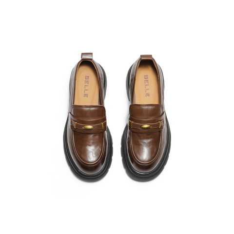 百丽复古抓皱乐福鞋女2025秋新商场同款真皮粗跟jk乐福鞋E1Y1DCA5