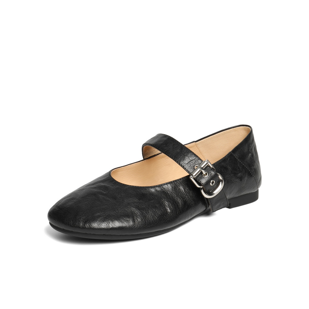 百丽复古褶皱面玛丽珍鞋女2025秋新商场同款真皮舒适单鞋E3U1DCQ5