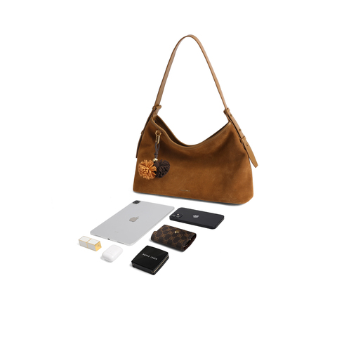 百丽包包女25秋商场同款复古绒面hobo包单肩斜挎托特X7384CX5