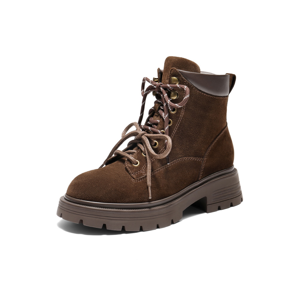 百丽双鞋带工装靴女2025冬新商场同款粗跟增高休闲短靴E4W2DDD5