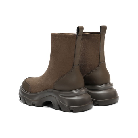 百丽厚底增高弹力靴女2025冬新复古绒面防撞头弹力短靴E4V2DDZ5