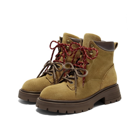 百丽双鞋带工装靴女2025冬新商场同款粗跟增高休闲短靴E4W2DDD5