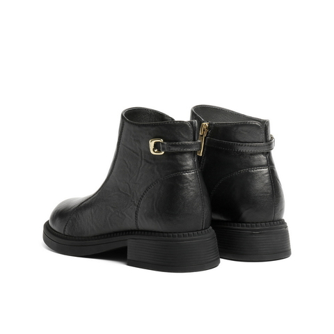 百丽复古褶皱面时装靴女2025冬新商场同款真皮粗跟短靴E4Y1DDD5