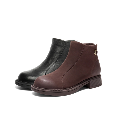 百丽复古褶皱面时装靴女2025冬新商场同款真皮粗跟短靴E4Y1DDD5