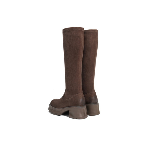 百丽简约复古弹力靴女2025冬新商场同款粗跟增高弹力高靴E5G1DDG5