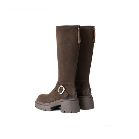 百丽复古潮酷弹力靴女2025冬新商场同款粗跟增高弹力高靴E5H1DDG5