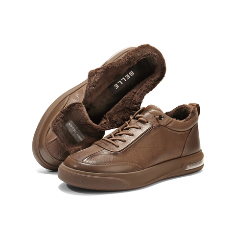 百丽高帮板鞋男2025新款冬季商场同款牛皮革厚底休闲鞋8WB01DM5