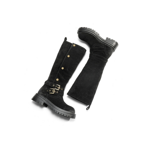 百丽复古绒面西部靴女2025冬新厚底增高潮流双饰扣高筒靴B2825DG5