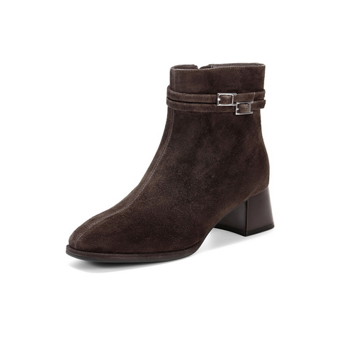 百丽复古绒面时装靴女2025冬新商场同款真皮优雅高跟短靴E5X1DDD5