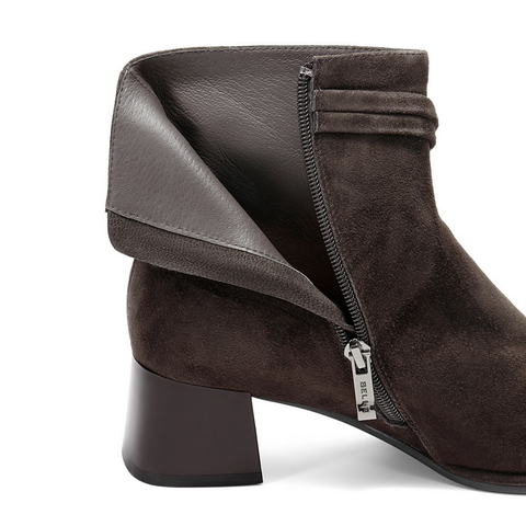 百丽复古绒面时装靴女2025冬新商场同款真皮优雅高跟短靴E5X1DDD5