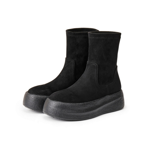 百丽简约复古绒面感弹力靴女2025冬新厚底增高弹力短靴B2821DZ5