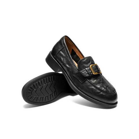 百丽复古风乐福鞋女2025秋新真皮时尚皮带扣通勤单鞋B2885CA5