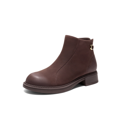 百丽复古褶皱面时装靴女2025冬新商场同款真皮粗跟短靴E4Y1DDD5