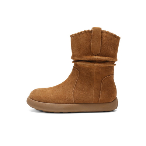 百丽复古绒面休闲靴女2025冬新薄底舒适堆堆休闲短靴B2826DZ5