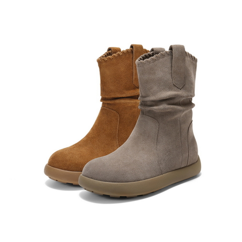 百丽复古绒面休闲靴女2025冬新薄底舒适堆堆休闲短靴B2826DZ5