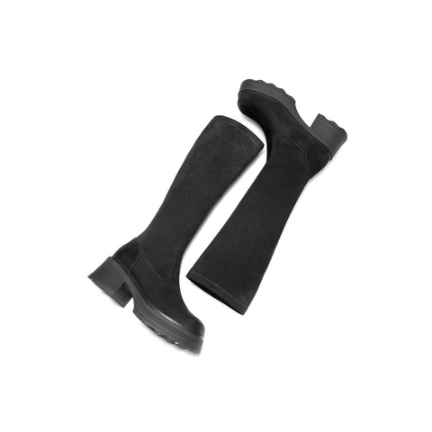 百丽简约复古弹力靴女2025冬新商场同款粗跟增高弹力高靴E5G1DDG5