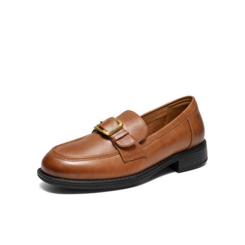 百丽复古风乐福鞋女2025秋新真皮时尚皮带扣通勤单鞋B2885CA5