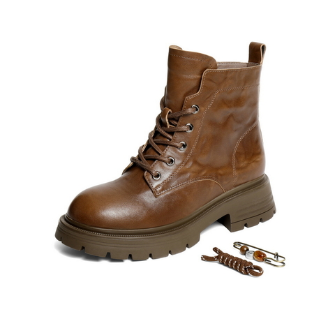 百丽复古质感抓皱面马丁靴女2025冬新商场同款真皮短靴E4W1DDD5