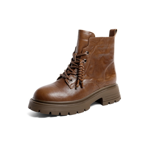 百丽复古质感抓皱面马丁靴女2025冬新商场同款真皮短靴E4W1DDD5