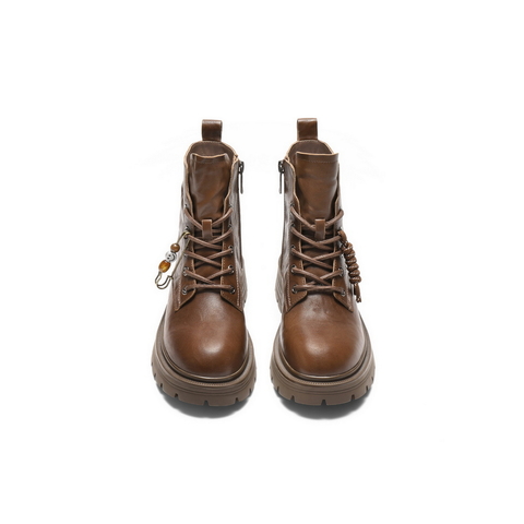 百丽复古质感抓皱面马丁靴女2025冬新商场同款真皮短靴E4W1DDD5