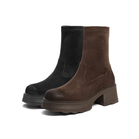 百丽复古弹力靴女2025的冬新商场同款粗跟增高休闲短靴E5G2DDZ5