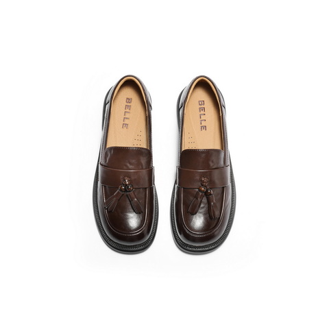 百丽复古抓皱面乐福鞋女2025秋新舒适通勤流苏便士乐福B2788CA5