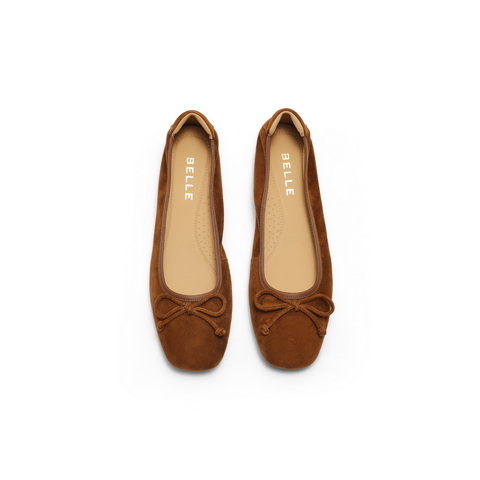 百丽绒面平跟单鞋女2025秋新商场同款真皮软底可翻折便鞋E1E1DCQ5